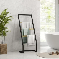 HOMCOM Toallero de Pie con 4 Barras de Bambú y Acero para Baño Lavadero 40,5x28x98 cm Negro y Natural(m-10)