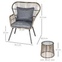 Outsunny 3 Pieces Rattan Bistro Set, Wicker Garden Furniture Set with Cushions, Glass Top Coffee Table and Chairs for Outdoor, Patio, Balcony, Grey(m-3)
