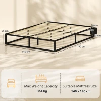 HOMCOM Cadru de pat 140 x 190 cm cu somier, pat dublu cu buzunar de depozitare, suport cu lamele din lemn, negru(m-3)