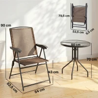 Outsunny Conjunto Mesa y 2 Sillas Muebles para Jardín Exterior Patio Terraza Silla Plegable Respaldo Reclinable a 4 Niveles Texteline Marco Acero Marrón(m-3)