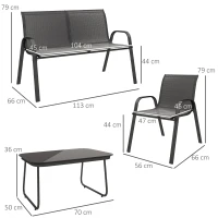 Outsunny Set da Giardino con Divano 2 Posti, 2 Poltrone Impilabili e Tavolino in Vetro, Nero(m-3)