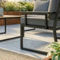 Outsunny 4 Seater Metal Garden Furniture Set, Corner Garden Sofa Set with 2 Loveseats, 2 Nesting Tables, Arm Side Trays, Teak(m-12)