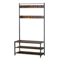 HOMCOM Garderobenständer mit 12 Haken und Schuhregal Kleiderständer Wandgarderobe Stahl Braun+Schwarz 100 x 40 x 184 cm(m-1)