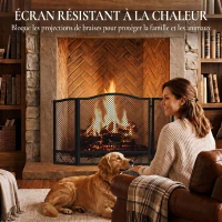 HOMCOM Pare Feu Cheminée Pliable 3 Panneaux, Pare-Étincelles Cheminée, Motif Floral, Métal, 107 x 60 cm, Noir(m-4)