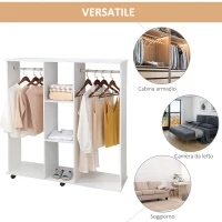 HOMCOM Armadio Guardaroba a Rotelle con 2 Barre e 3 Ripiani Aperti, in Legno e Alluminio, 120x40x128 cm, Bianco(m-5)