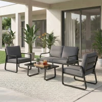Outsunny Salon de Jardin 4 Pièces avec Coussins Déhoussables Très Épais 10cm Table Basse en Verre Trempé Noir(m-10)