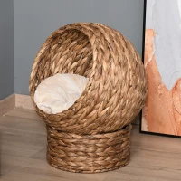 PawHut Wicker Cat Bed, Raised Rattan Cat Basket with Cylindrical Base, Soft Washable Cushion, 50 x 42 x 60 cm - Brown(m-10)
