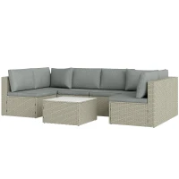 Outsunny Salon de jardin extérieur modulable 6 personnes en résine tressée avec canapés et table basse en verre trempé, marron(m-12)