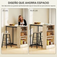 HOMCOM Conjunto Mesa Alta de Cocina con 2 Taburetes Reposapiés 3 Compartimentos Abiertos Estante Ajustable para Comedor Roble(m-6)