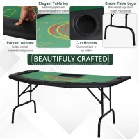 HOMCOM Poker Table, 7-Player Folding Blackjack Table with Chip Tray, Cup Holders, Padded Rails, 182 x 91 x 75 cm, Green(m-7)