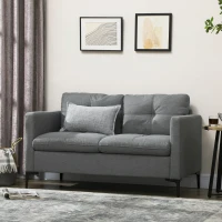 HOMCOM Canapé 2 places contemporain piètement métal noir tissu aspect lin gris foncé(m-2)