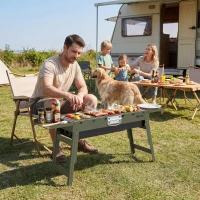 Outsunny Portable BBQ Grill, Foldable Charcoal Grill for Camping and Picnics with 2 Side Shelves and Handle, Green(m-10)