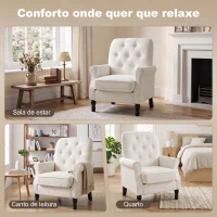 HOMCOM Sofá Individual Estofado em Linho Assento Acolchoado Espesso Encosto Capitonê Pés de Madeira Maciça Creme(m-7)
