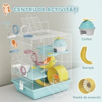 PawHut Cușcă pentru Hamsteri pe 3 Niveluri și 12 Tuburi cu Căsuță, Rampă, Boluri, Rezervor de Apă și Tavă Antipicurare, Cușcă pentru Hamsteri din Metal și Plastic, 34.5x27.5x41 cm, Albastru(m-5)
