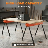 HOMCOM Saw Horses Twin Pack, Folding Work Bench Sawhorses with Height Adjustable Legs, 2x4 Bracket, Orange(m-4)