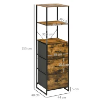 HOMCOM Industrial Storage Cabinet with 2 Open Shelves and 3 Foldable Fabric Drawers, Multifunctional Bookshelf in Living Room, Study, Bedroom, Rustic Brown(m-3)