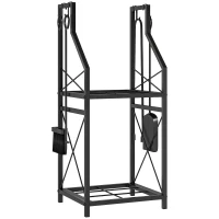 Outsunny Estante de Leña Metálico de Chimenea Soporte para Leña de 2 Niveles con 4 Herramientas Ganchos 34x30x80 cm Negro(m-1)