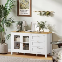 HOMCOM Aparador para Salón Armario Auxiliar con 2 Puertas de Vidrio 3 Cajones Estante Ajustable para Cocina 120x40x70 cm Blanco(m-10)