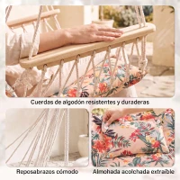 Outsunny Silla Colgante Estampado Floral Hamaca con Cojín Reposacabezas para Interior Exterior 100x106 cm Carga Máx. 100 kg(m-7)