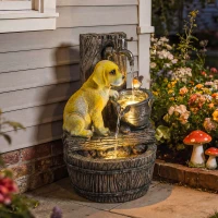 Outsunny Garden Water Feature with 3-Tier Rustic Puppy Design, Freestanding Resin with LED Lights, Adjustable Flow, Rustic Brown(m-10)