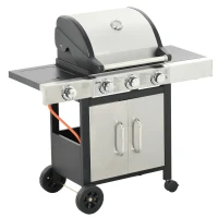 Outsunny Gas Barbecue Grill 3+1 Burner Garden Smoker BBQ Trolley w/ Side Burner Warming Rack Side Shelves Storage Cabinet Piezo Ignition Thermometer Stainless Steel + Metal(m-11)