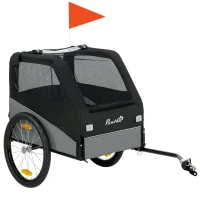 PawHut Remorque Vélo Chien avec Pneus 20", Attache Universelle, Réflecteurs, Drapeau, Laisse, 139x72x88cm, Gris et Noir(m-12)