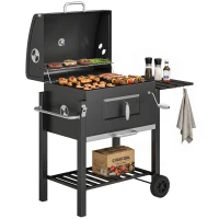 Outsunny Holzkohlegrill Smoker BBQ-Smoker, 1 Ablage, 1 Handtuchhalter, 2 Grillroste, 113 cm x 65 cm x 108 cm, Schwarz(m-12)