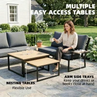 Outsunny 4 Seater Metal Garden Furniture Set, Corner Garden Sofa Set with 2 Loveseats, 2 Nesting Tables, Arm Side Trays, Teak(m-7)