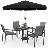 Outsunny Salon de jardin 5 pièces avec 1 table à manger et 4 chaises - plateau en verre trempé avec trou pour parasol gris(m-12)