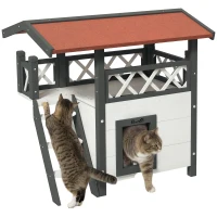 PawHut Cat House Outdoor w/ Balcony Stairs Roof, 77 x 50 x 73 cm, White(m-13)