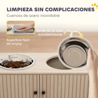 PawHut Comedero Perro Elevado con 2 Cuencos de Acero Inoxidable 2x2000 ml con Comedero Lento Almacenamiento Oculto Roble(m-6)