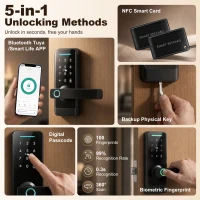 HOMCOM Smart Door Lock, 5-in-1 (Fingerprint/Passcode/Bluetooth APP/NFC Card/Key), Built-in Doorbell, Keyless Electronic Lock(m-4)
