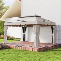 Outsunny Pérgola de Jardim 390x290x270 cm com 4 Cortinas Laterais 4 Telas Mosquiteiras e 8 Orifícios de Drenagem Creme(m-3)
