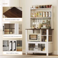 HOMCOM Alacena de Cocina con 6 Ganchos para Tazas 2 Puertas de Vidrio Estantes Abiertos 80x40x152 cm Blanco(m-5)