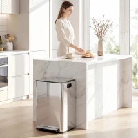HOMCOM 40L Dual Compartment Stainless Steel Bin, with Deodoriser Holders - Silver Tone(m-2)