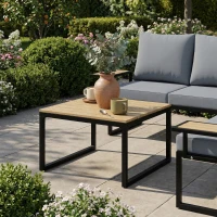 Outsunny 4 Seater Metal Garden Furniture Set, Corner Garden Sofa Set with 2 Loveseats, 2 Nesting Tables, Arm Side Trays, Teak(m-13)