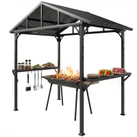 Outsunny Grillpavillon 2,52 x 1,56 m, Wasserdicht Grill Pavillon mit Satteldach Seitenablage Haken Stahlrahmen Schwarz(m-11)