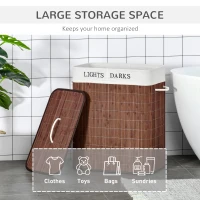 HOMCOM 100L Laundry Basket with Lid String Handles, 2 Section Collapsible Hamper Removable Lining Foldable Water-Resistant Dirty Clothes Storage, Brown(m-4)