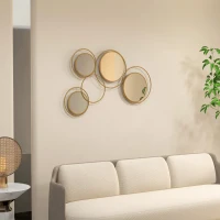 HOMCOM Espelho Decorativo de Parede em Metal 3D Decoração de Parede Metálica com 4 Espelhos Redondos para Corredor 110x68 cm Dourado(m-10)