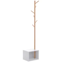 HOMCOM Garderobenständer Kleiderhaken Garderobe mit Sitzbank Stauraum Baum-Design Zweige 6 Haken Bambus Weiß Natur 40 x 30 x 180 cm(m-12)
