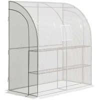 Outsunny Walk-In Lean to Wall Greenhouse with Windows and Doors, Outdoor Green House with 3 Tiers 4 Wired Shelves, 200L x 100W x 215Hcm, White(m-1)