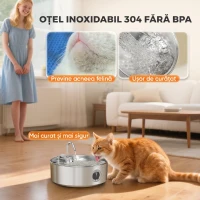 PawHut Fântână pentru Pisici 7L cu Lumină LED și Filtrare Triplă, din Oțel Inoxidabil 304, 30.5x31.2x19.3 cm, Argintiu(m-4)
