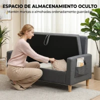 HOMCOM Sofá de 2 Plazas Tapizado en Lino Sintético con Espacio de Almacenaje 2 Almohadas y Patas de Madera 135x71x84 cm Gris(m-4)