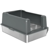 PawHut Bac à litière pour chat en acier inoxydable 85L grande capacité maison de toilette semi-fermée, 71 x 50,8 x 35,5 cm gris(m-12)