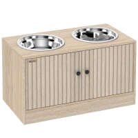 PawHut Comedero Perro Elevado con 2 Cuencos de Acero Inoxidable 2x2000 ml con Comedero Lento Almacenamiento Oculto Roble