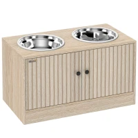 PawHut Comedero Perro Elevado con 2 Cuencos de Acero Inoxidable 2x2000 ml con Comedero Lento Almacenamiento Oculto Roble(m-1)