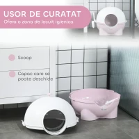 PawHut Litiere pentru Pisici 4kg Max cu Capac și Lopățică Inclusă, 53x51x48 cm, Albă și Roz(m-5)