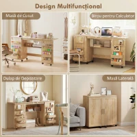 HOMCOM Masă de Cusut Pliabilă cu Roți, 4 Recipiente, 20 Pini, Raft, Panou de PAL, Stejar(m-6)