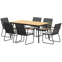 Outsunny 6‑Seater Garden Dining Set with Cushions, Rattan Backrest, Plastic Top, Garden Furniture Set, Natural Wood Finish(m-12)