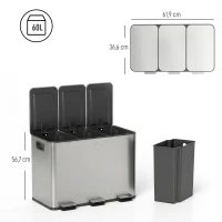 HOMCOM Bidone Immondizia a 3 Sezioni da 20L con Chiusura Silenziosa, in Acciaio Inox e PP, 61.9x36.6x56.7 cm(m-3)